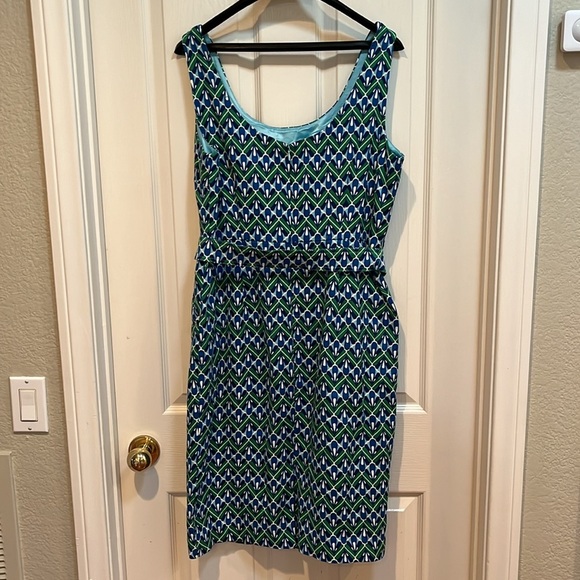 Boden Dress Sheath Emerald Deco Career Colorful Green Blue Belted Lined Size 12 - Picture 4 of 15